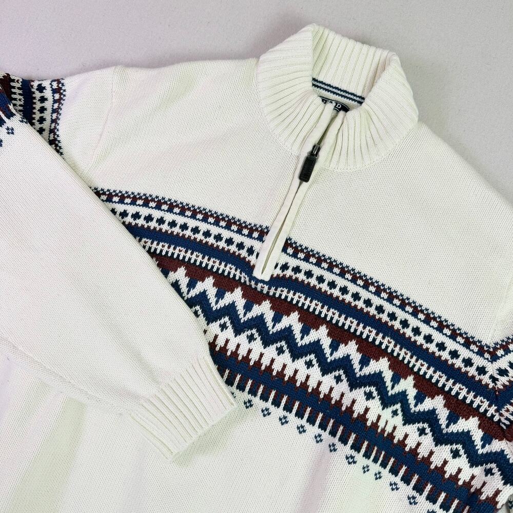 Izod Fair Isle Quarter Zip Sweater Men's XXL Cream Nordic Winter Lodge Pullover